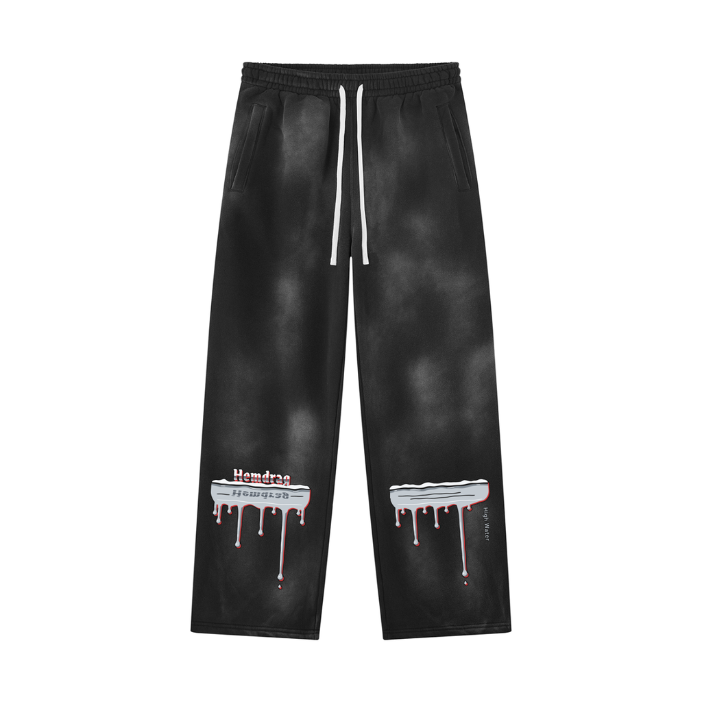 High Water Wide-Leg sweatpants, flat view with chrome flood print on both lower legs (digital preview)