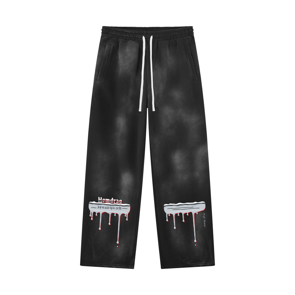 High Water Wide-Leg sweatpants, flat view with chrome flood print on both lower legs (digital preview)