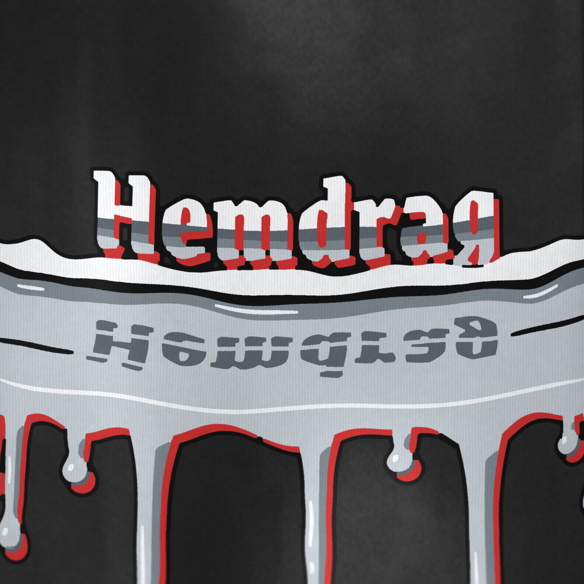 Digital preview: close-up of the right leg: Hemdrag in chrome blackletter standing on the waterline, its upside-down reflection in the flood below, and drips running toward the hem. The print and fabric texture are simulated.