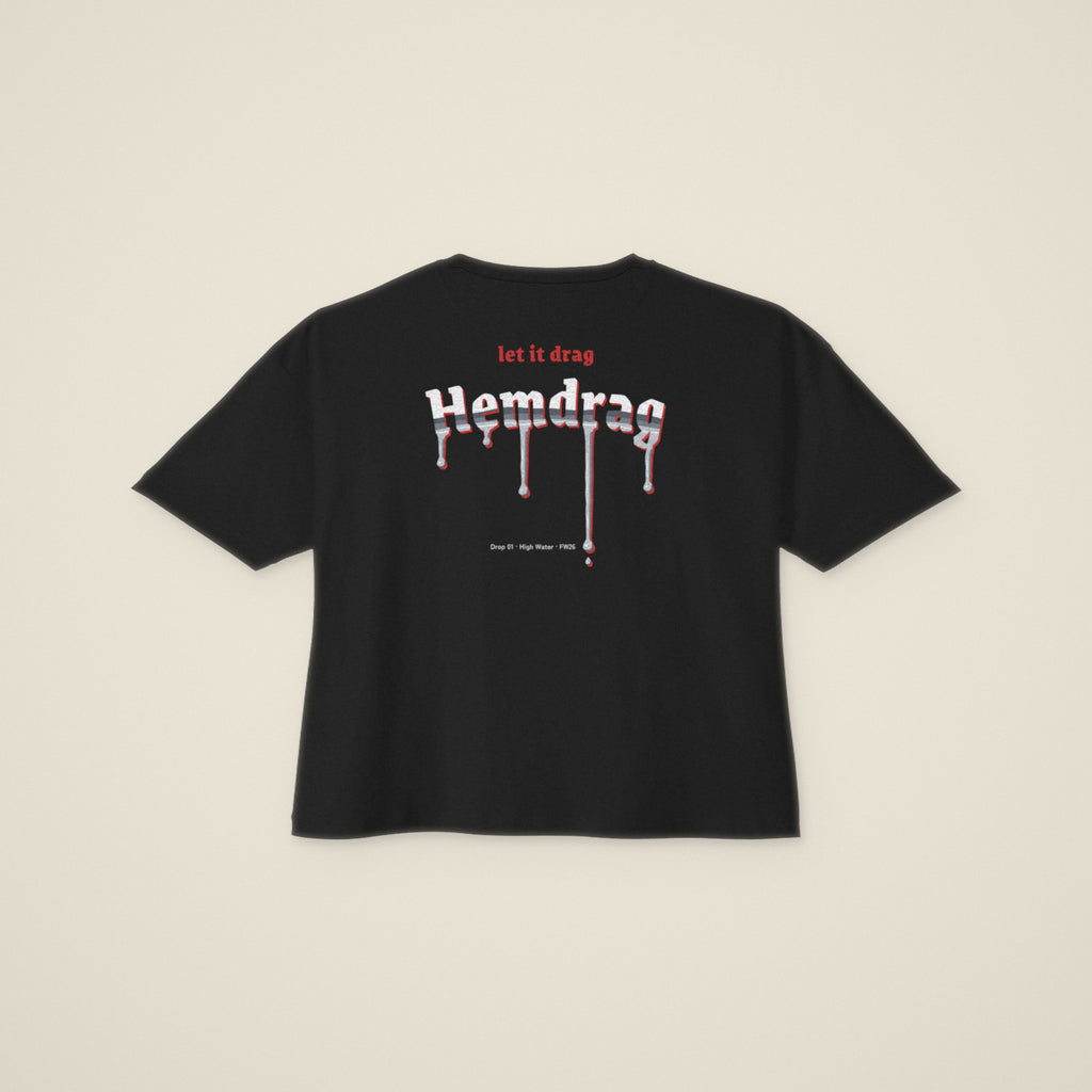 Digital preview: the black Let It Drag tee laid flat, back view, showing the full back print. Made from a flat drawing of the blank tee, not a photo of a sample.