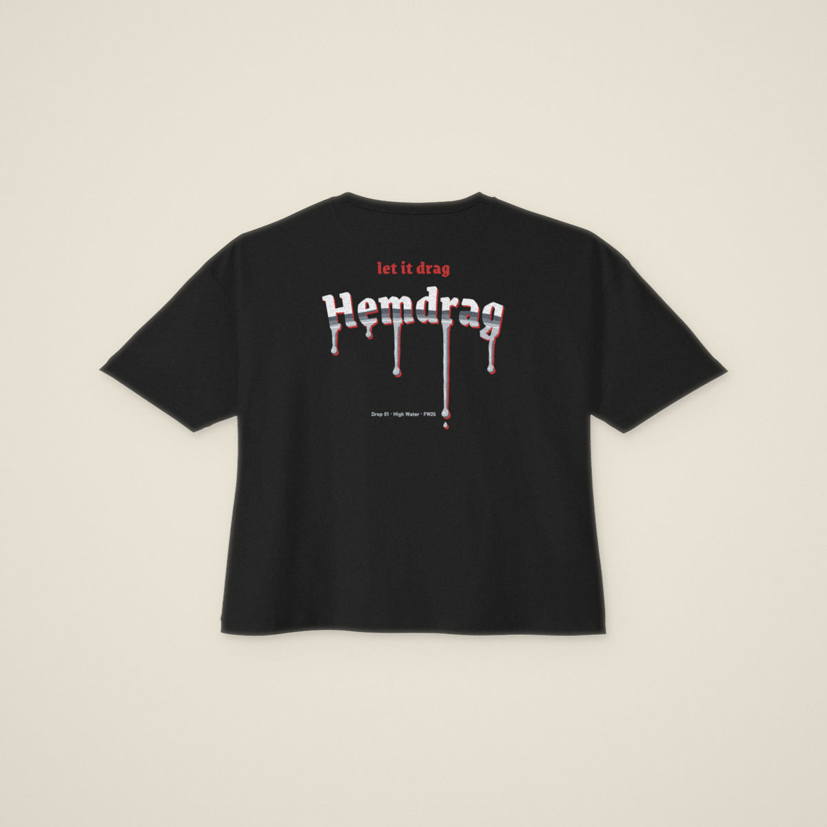 Digital preview: the black Let It Drag tee laid flat, back view, showing the full back print. Made from a flat drawing of the blank tee, not a photo of a sample.