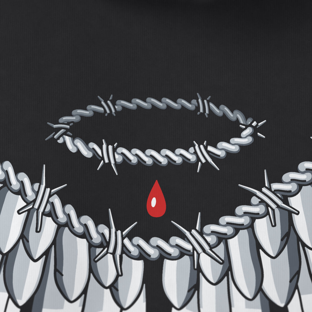 Digital preview: close-up of the barbed-wire halo and the red drop falling inside it, at the top of the back print. The print and fleece texture are simulated, not photographed.