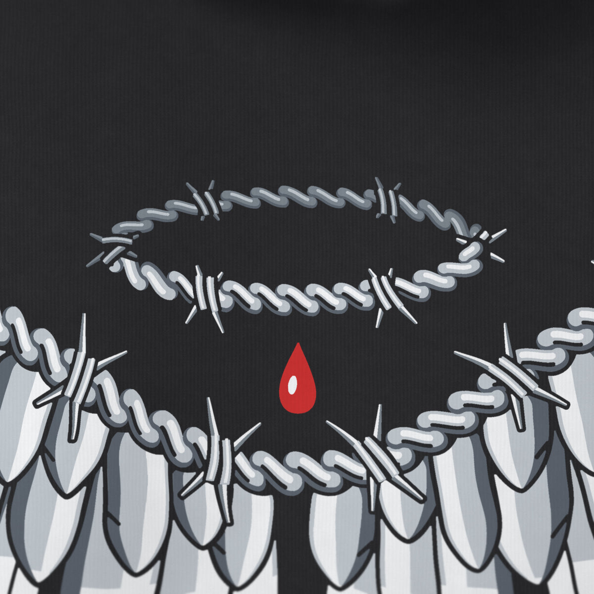 Digital preview: close-up of the barbed-wire halo and the red drop falling inside it, at the top of the back print. The print and fleece texture are simulated, not photographed.