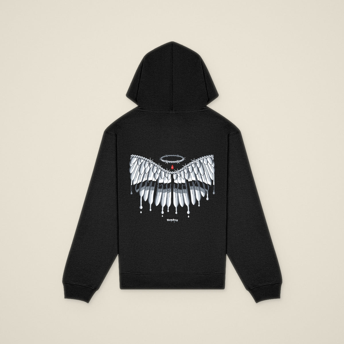 Digital preview: the No Wings Needed hoodie laid flat, back view, with the chrome wings across the back and Hemdrag below. Shown on a flat photo of a similar black hoodie used as a stand-in.