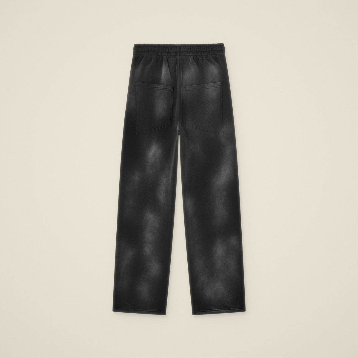 Digital preview: back of the black sunfade sweatpants laid flat, with two back pockets and no print. The wash pattern varies on every pair.